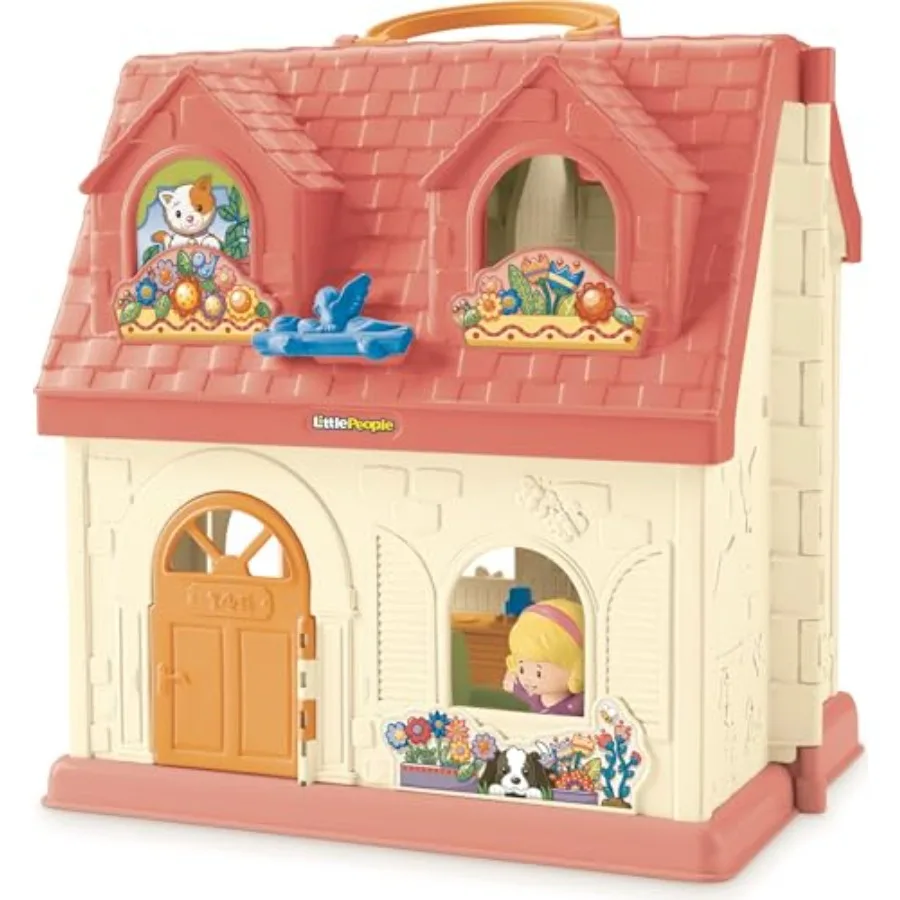 

Toddler Musical Playhouse for Pretend Play: Plastic Home Toy with Figures Accessories, Red/Blue, Surprise Sounds Interactive Fe