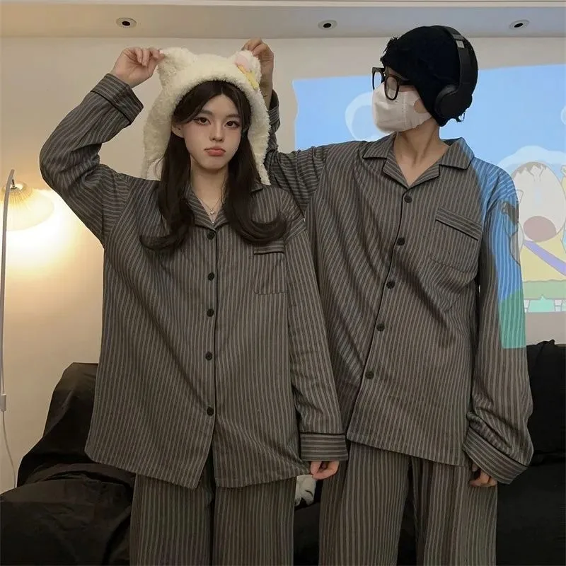 Couple Pajamas for Men Striped Sleepwear Korean Sleeping Night Wear Button Pijama 2 Pcs Pants Sets Autumn Pocket Home Suit 2024