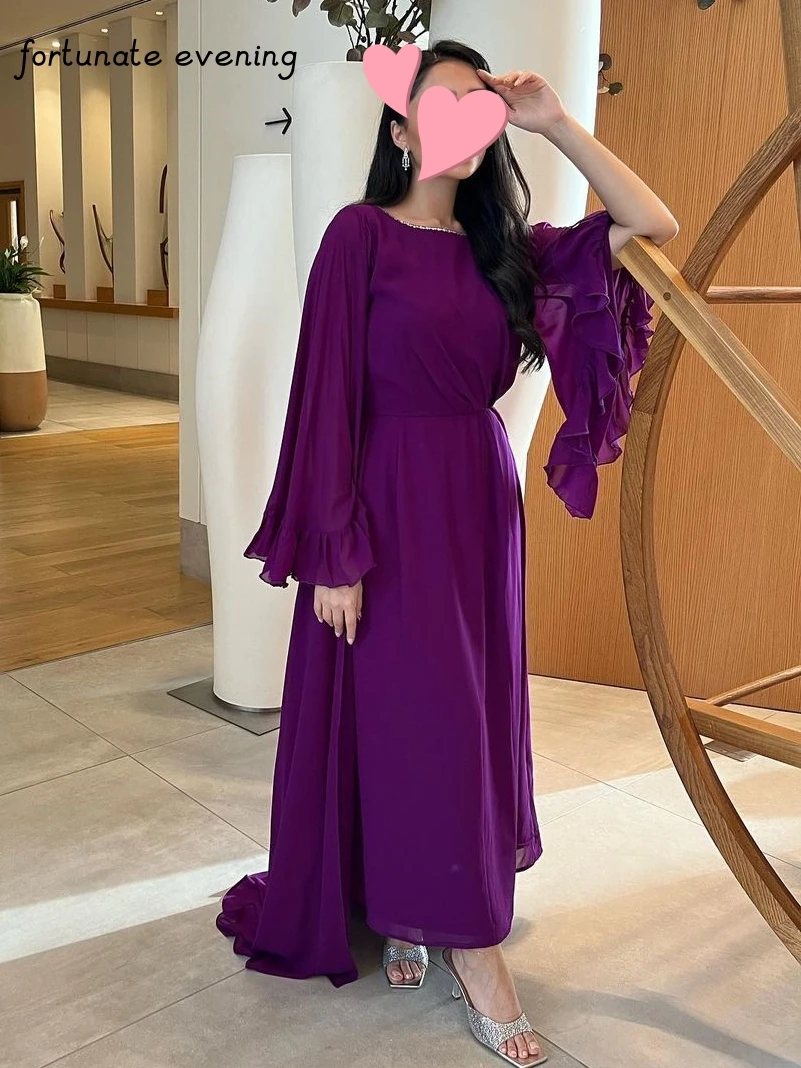 Fortunate Evening Elegant Vintage Sweet Sexy Purple Beads Chiffon Backless Ruffle Formal Occasion Prom Dress Evening Party Gowns