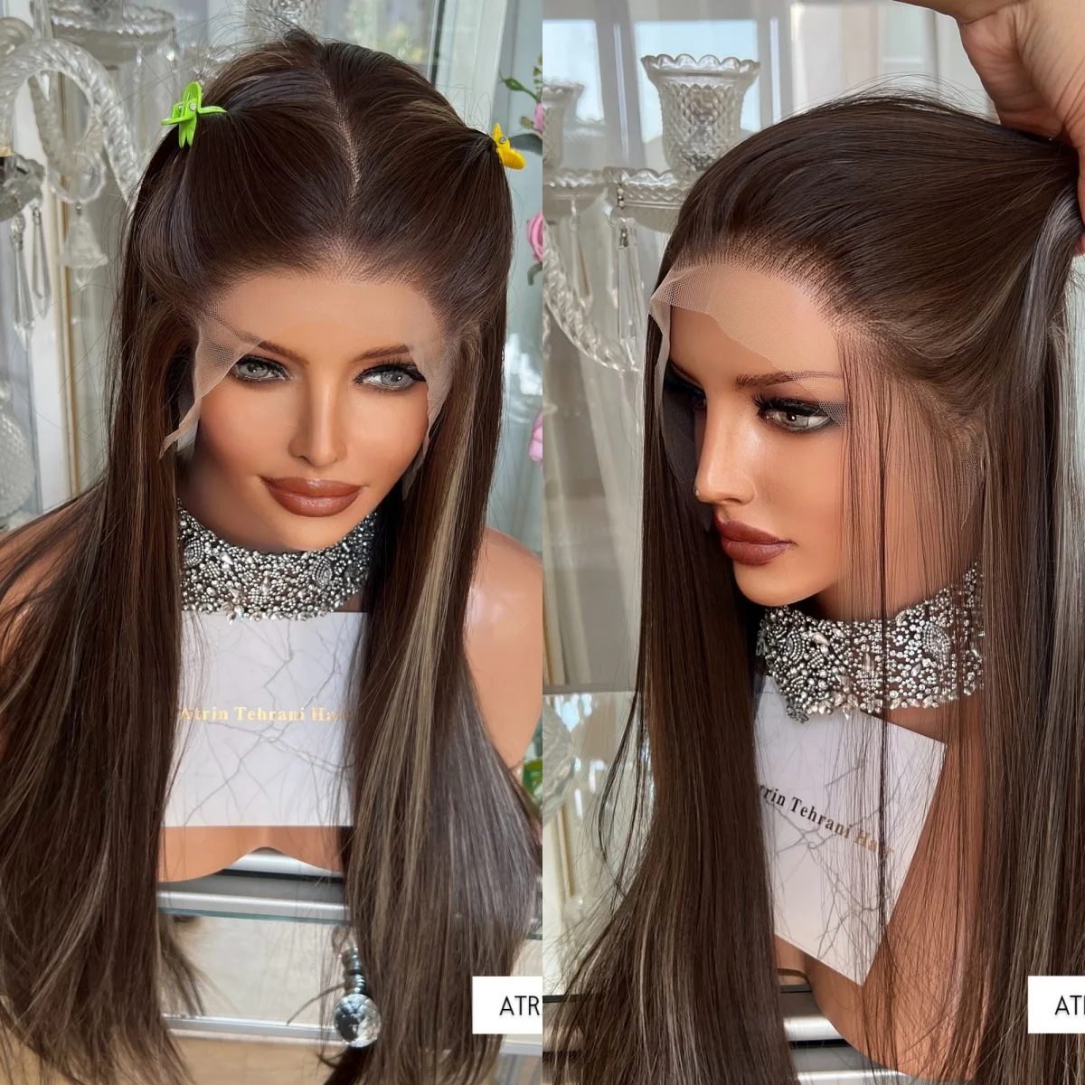 Long Straight Layered Lace Front Wigs Chestnut Brown Highlights Glueless Wig Realistic Human Hair Blend Synthetic Wigs For Women