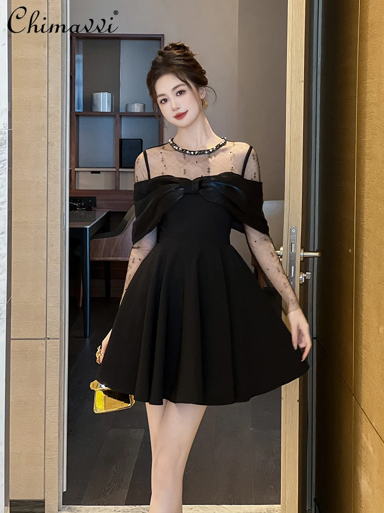 French Elegant Hepburn Style Diamond Round Neck Bow Mesh Splicing Long Sleeve High Waist A-line Black Short Evening Dress Women