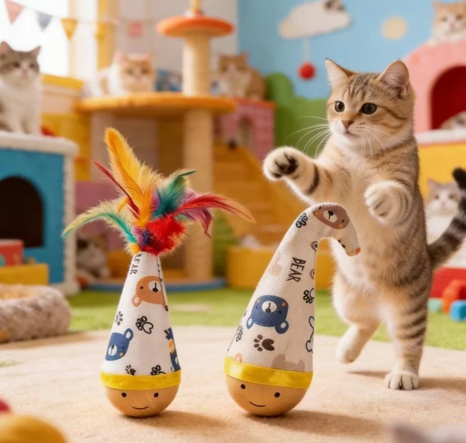 Beech Wood Tumbler Interactive Cat Toy With Colorful Feather Bite-Resistant Self-play Cat Toy，one with feathers and one Twister.
