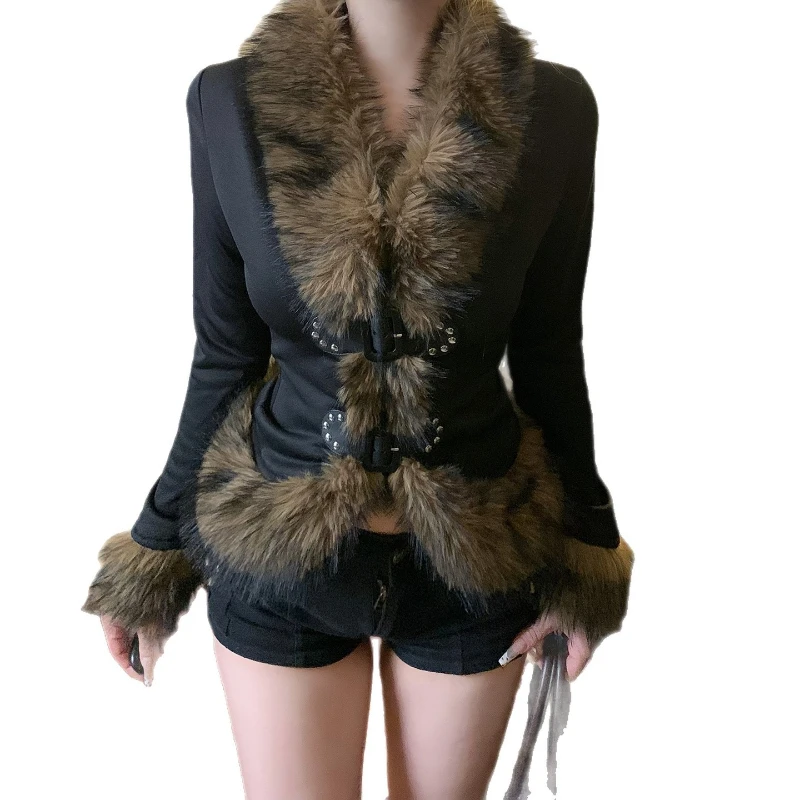

2025 Winter New Street Style Retro Hairy Collar Splicing Leather Buckle Waist Jacket Top for Women