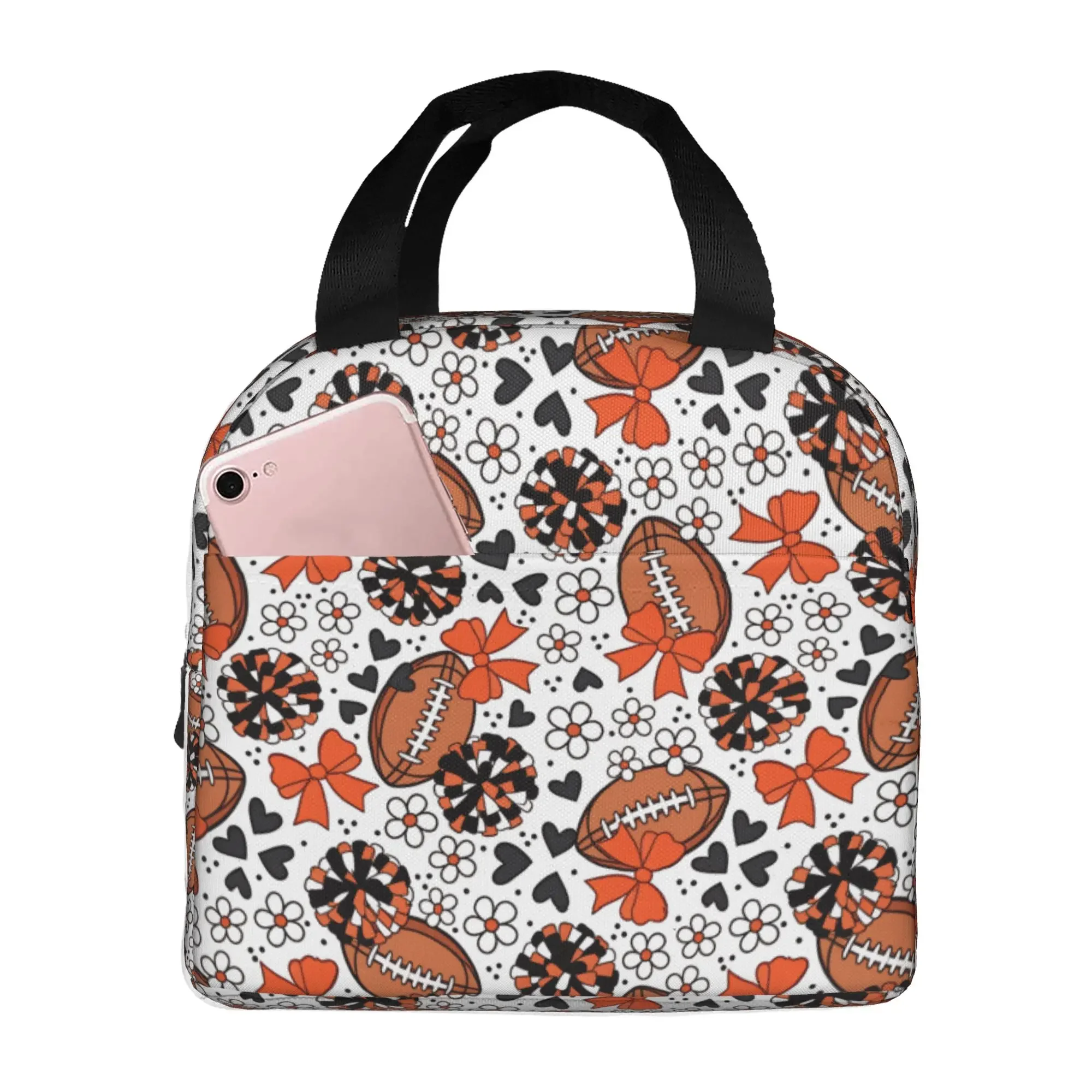 Rugby Union Cheer Bows Football  Lunch Bag Men Women Orange Black Warm Cooler Insulated Lunch Boxes for School