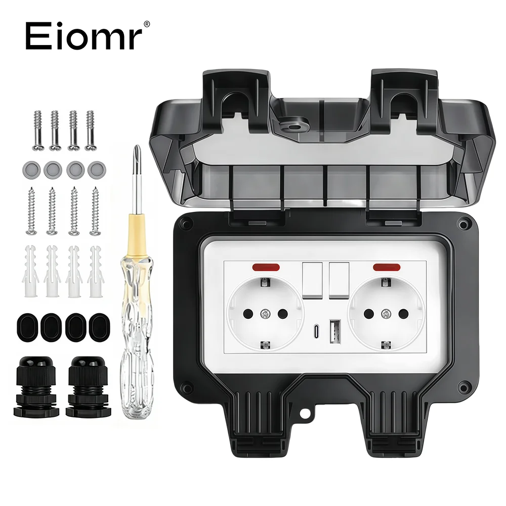 EIOMR 16A 220V IP66 wasserdichte Doppelsteckdose, schwarze Outdoor-Steckdose mit Schalter, mit Typ-C-Ladeanschluss, EU-Standardsteckdose
