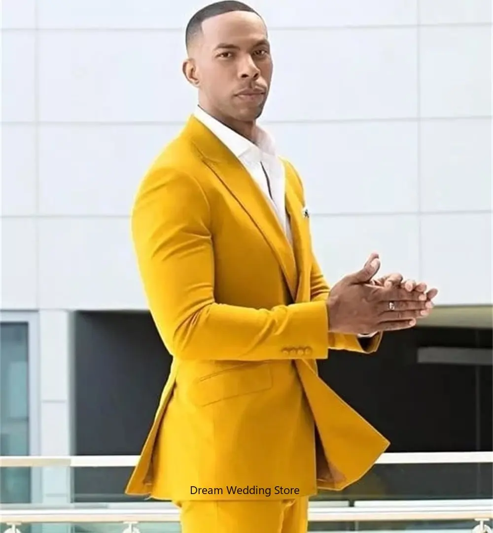 Costume Blazer + pantalon pour homme, 2 pièces, solide, jaune, élégant, coupe cintrée, à un bouton, pour marié, bal de mariage, dîner, sur mesure