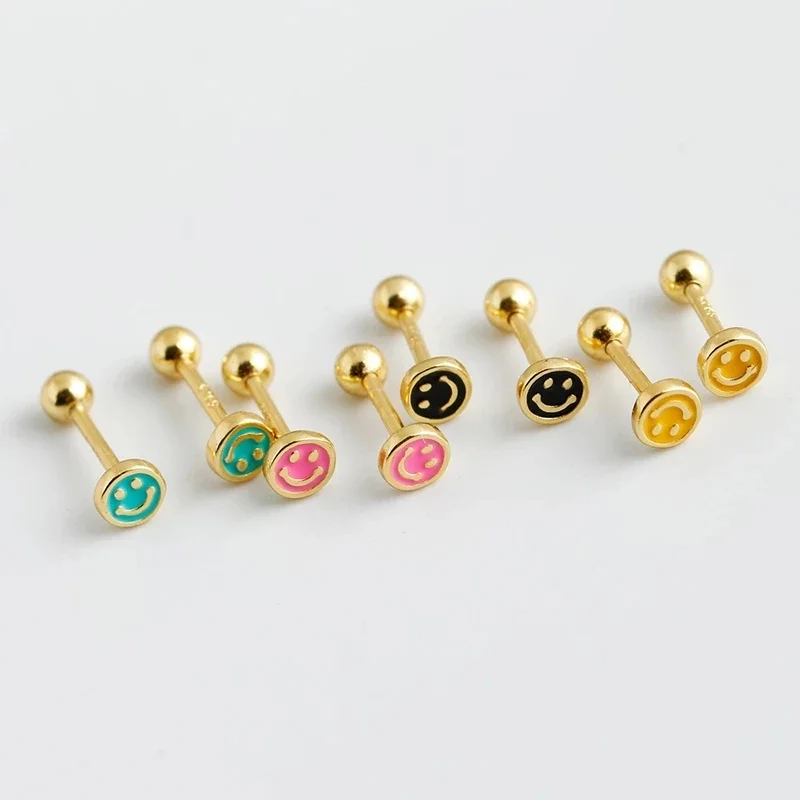 الملونة المينا جولة محظوظ يبتسم وأقراط النساء أزياء بسيطة الكورية التعبير ثقب المجوهرات Pendientes الملحقات
