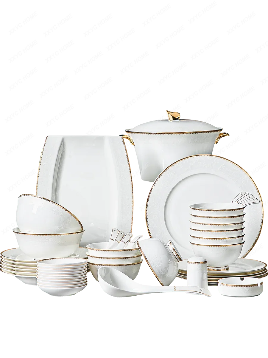 Relief Plate Bowl and Dish Set Household Light Luxury Modern Simple Bone China High-End Tableware Combination Creative