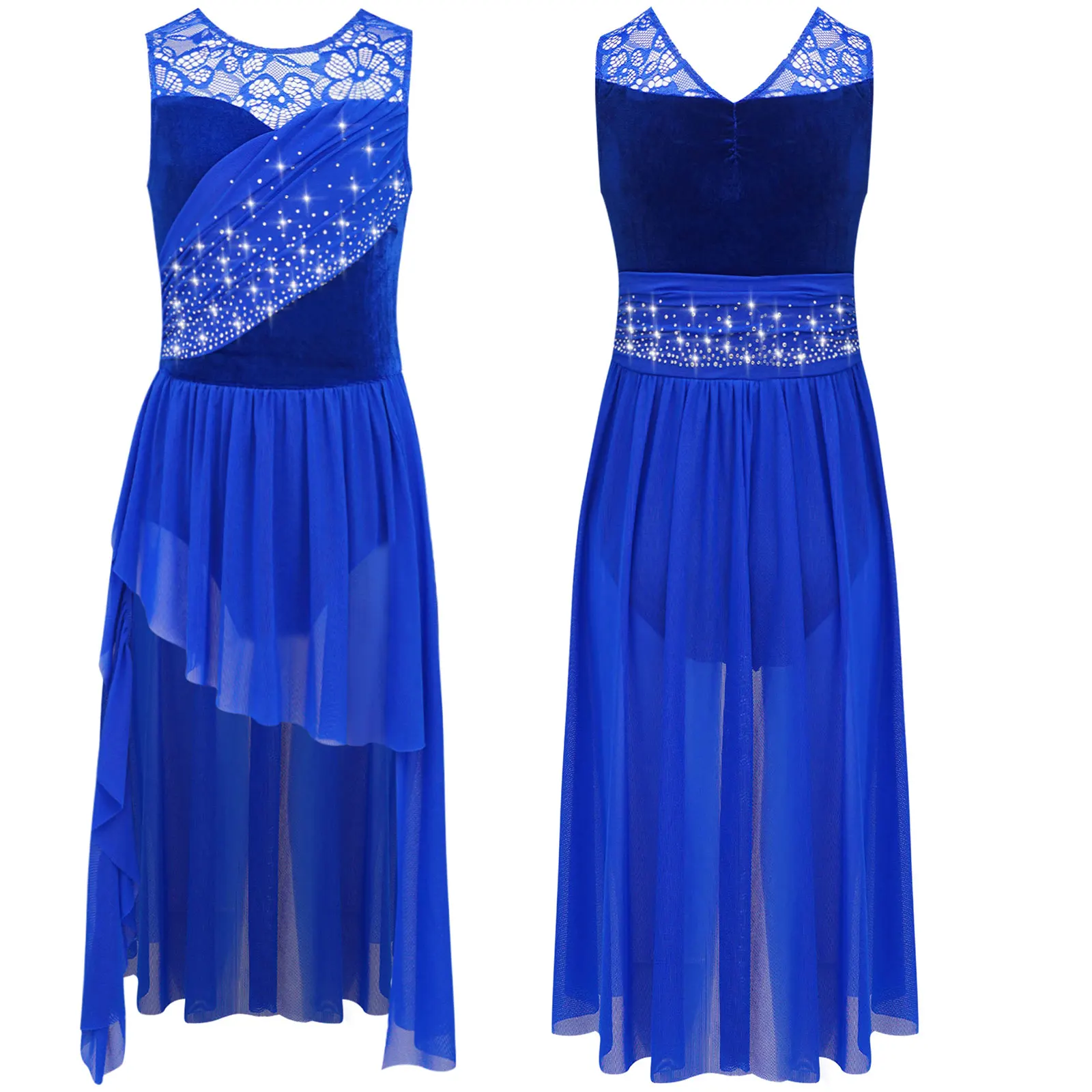 Costume de danse lyrique éthérée pour filles, bloc de couleurs, panneaux en maille transparente, strass scintillants, robe de Salsa pour spectacle de Ballet latin