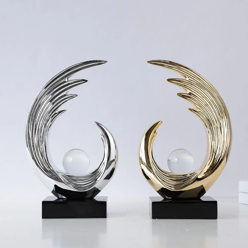 Silver Crystal Ball Sculpture Abstract Wave Sculpture Geometric Resin Handicraft Decorative Piece Home Decoration Accessories