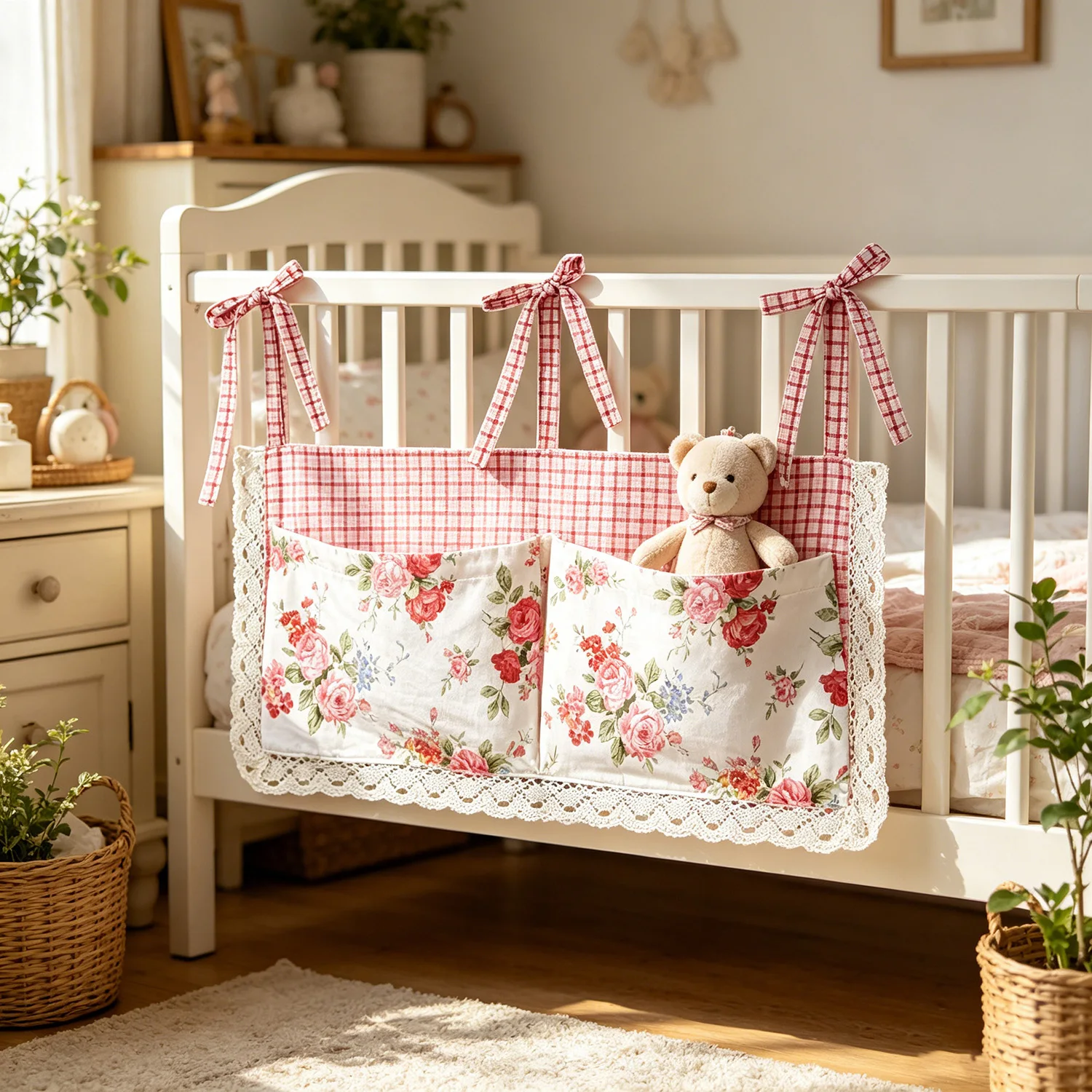Baby Clothing For Bed - コテージコア花柄吊り下げ収納ポケットレーストリムチェック柄オーガナイザーキャディー多用途収納バッグキッチンベビーベッド車用