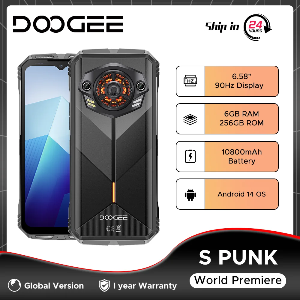 Doogee S-Téléphone robuste Punk, Android 14, 6.58 ", Affichage 90Hz, 6 Go, 256 Go, Effet de lumière LED, Grand haut-parleur d'amplitude, 34mm, Première mondiale