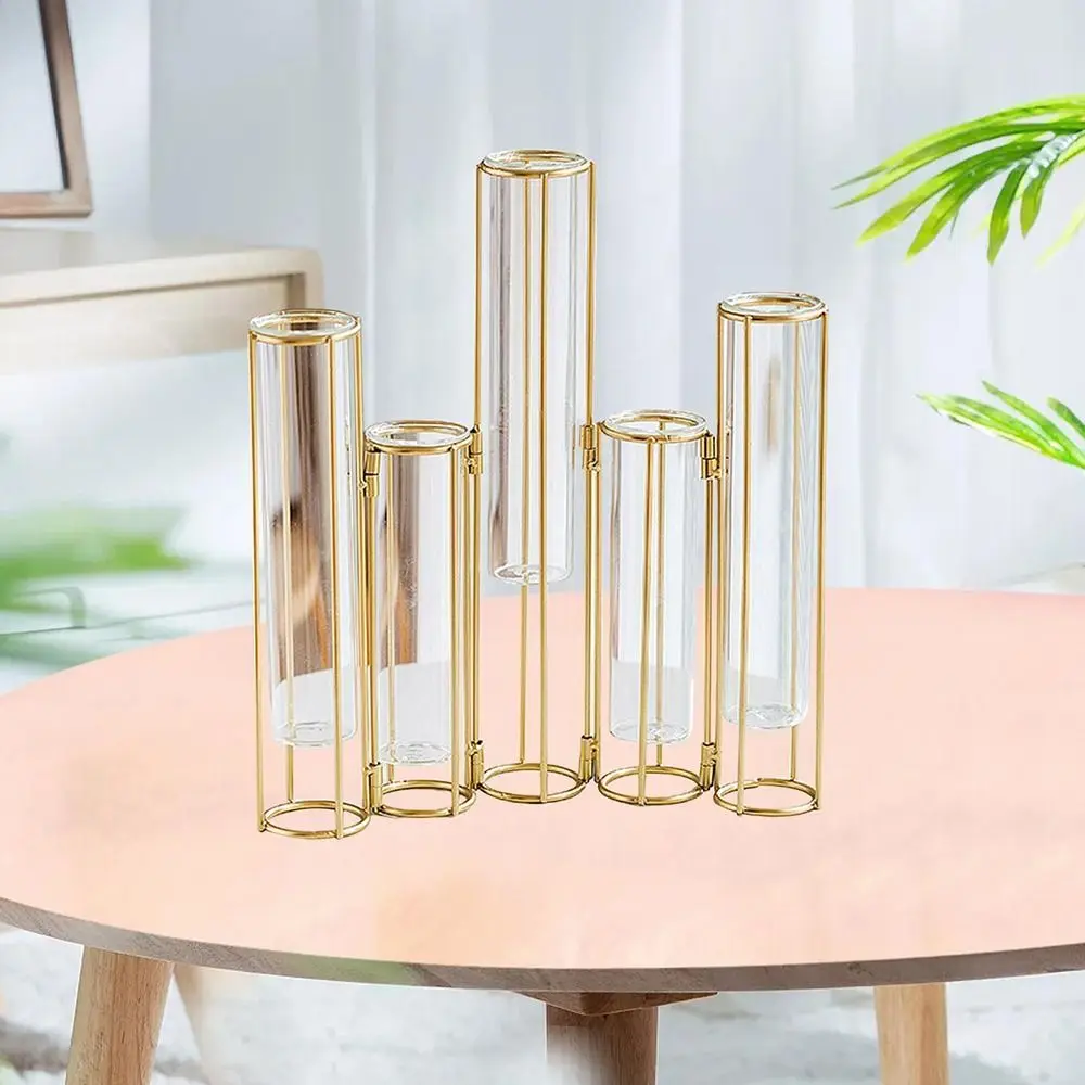Creative Glass Vase Hinged Metal Stand Hanging Flower Holder Tube Vase Party Wedding Decor Home Decoration Garden Supplies