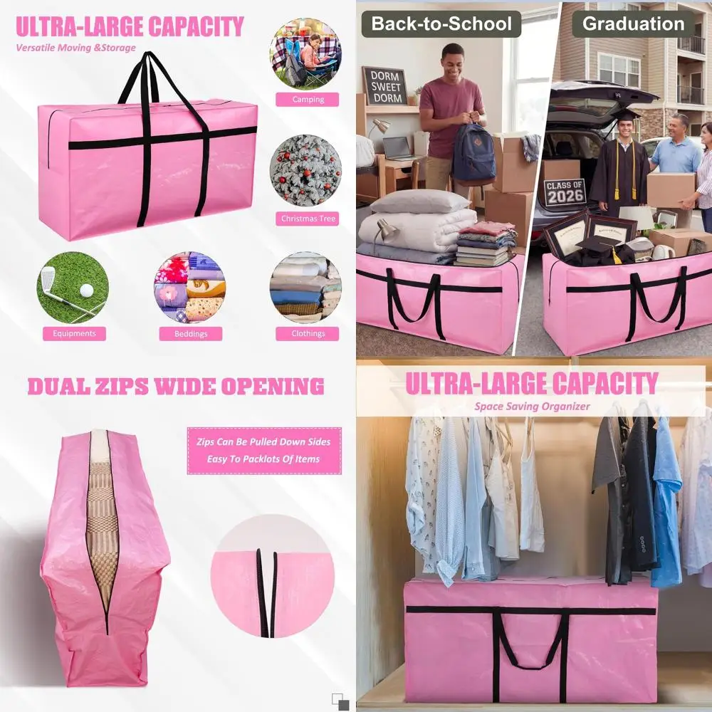 

Сверхбольшие мешки для хранения объемом 96 галлонов с прочной молнией, идеально подходят для переезда, упаковки, студенческих общежитий и путешествий (розовые)