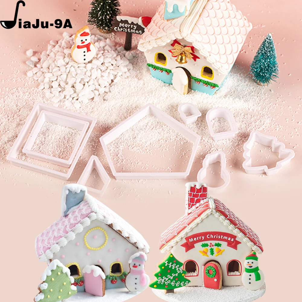 Molde de casa de jengibre de Navidad 3D, juego de cortadores de galletas de plástico, molde para galletas DIY, pastel de pastelería, sello,