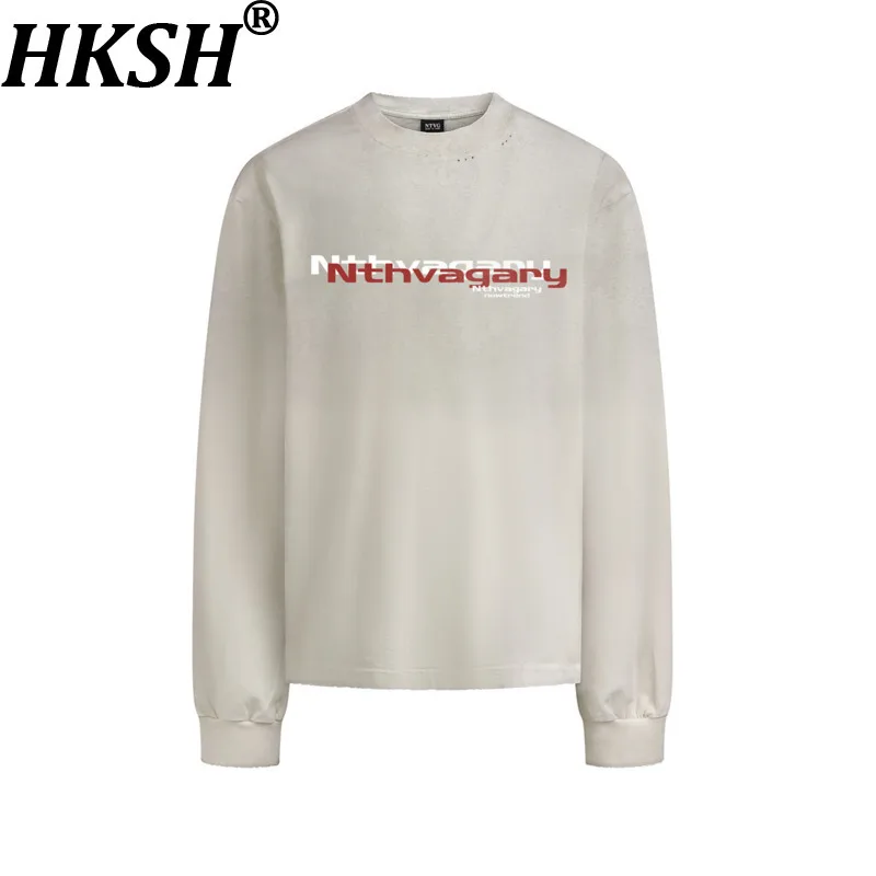 HKSH Spring Autumn New Men Tide Punk Vintage Letter Print Long-sleeve T-shirt Cotton Loose Round Collar Trendy Tees Y2K HK27554