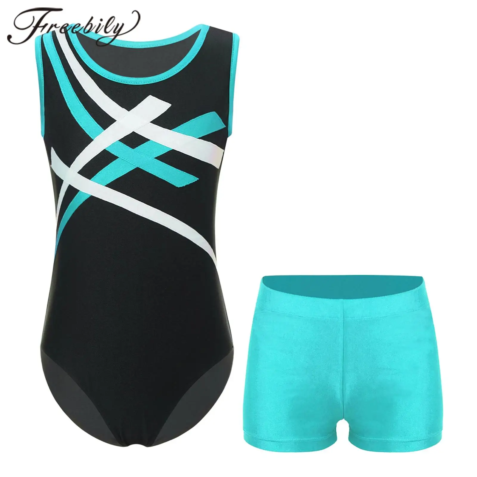 Kids Boys Contrast Color Figure Skating Bodysuit with Shorts Teens Gymnastics Jumpsuit Children Training Bodysuit Yoga Leotard