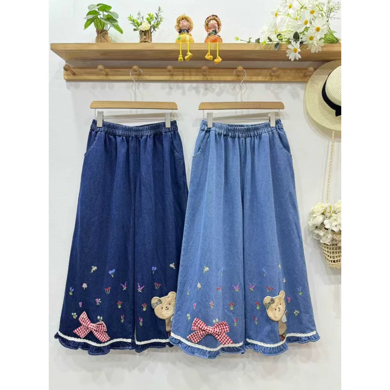 

Kawaii Japanese Mori Girl Cartoon Bear Bow Embroidery Denim Wide Leg Jeans Women Elastic Waist Casual Straight Denim Trousers