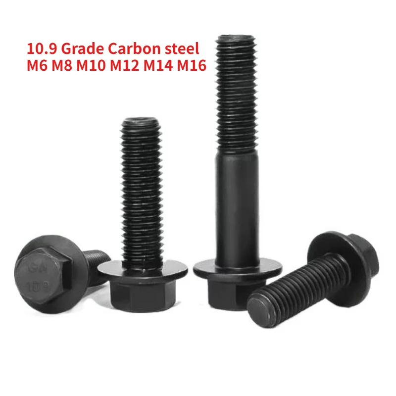 2-30pcs Black 10.9 Grade Carbon Steel Flange Hex Bolt External Hex Head Anti-Slip Screw with Washer M6 M8 M10 M12 M14 M16