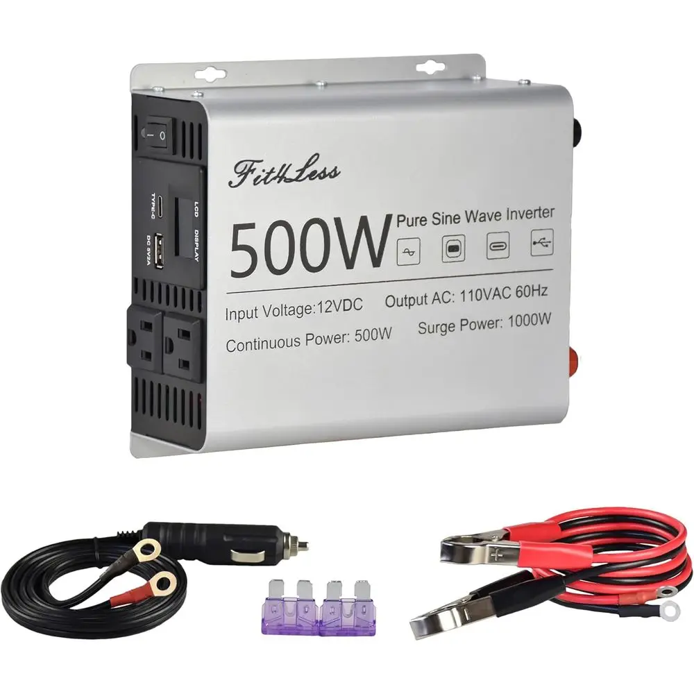 

Инвертор синусоидального тока DC 12В в AC 110В 500Вт с ЖК-дисплеем, портами USB и Type-C