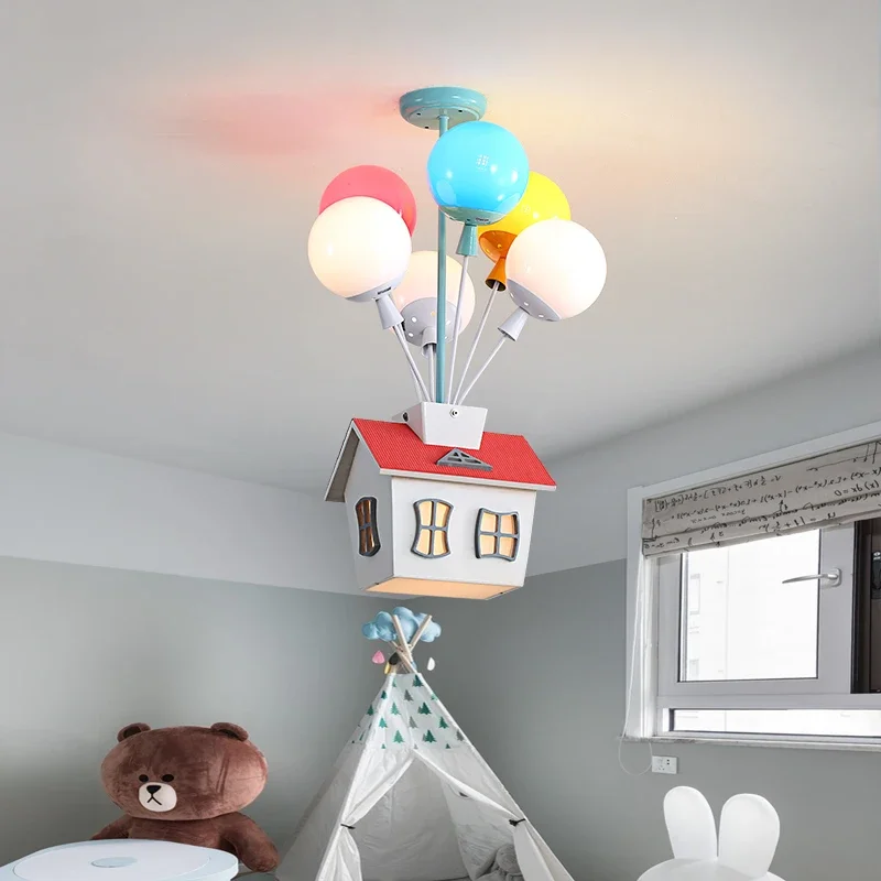 

2026 Colorful Balloon House Wooden Chandelier For Children's Room Boys Girls Kids Bedroom Nursery Flying Sky Cabin Led Hanging L