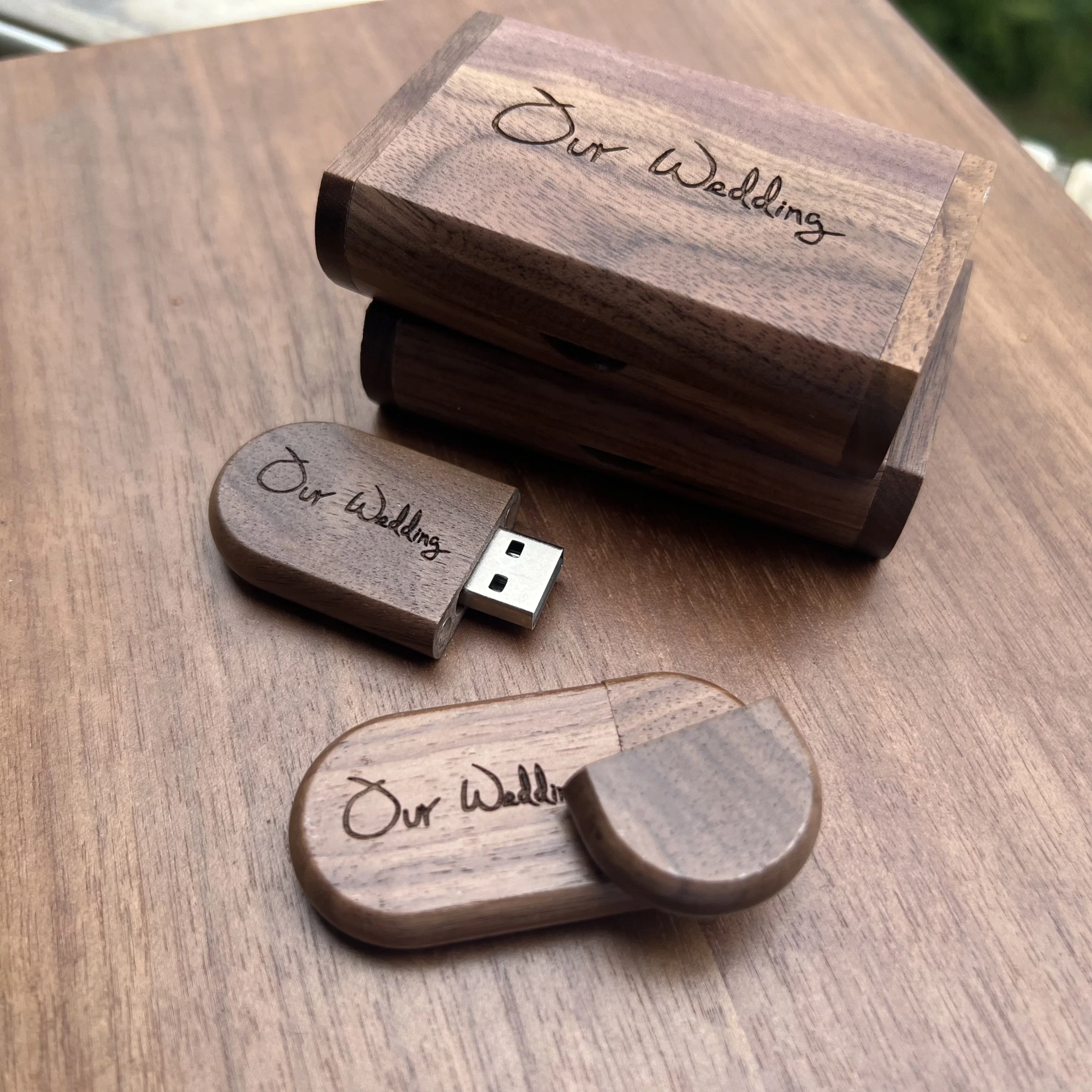 (Our Wedding) 128GB High-Speed Walnut Wood USB Flash Drive with Wooden Box, Real Capacity U Disk, 32GB External Storage