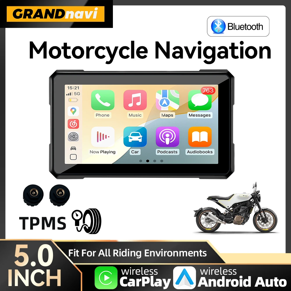 5 인치 GPS 네비게이션 오토바이 무선 Carplay 안드로이드 자동 IP67 방수 휴대용 전체 화면 블루투스 모토 오토바이