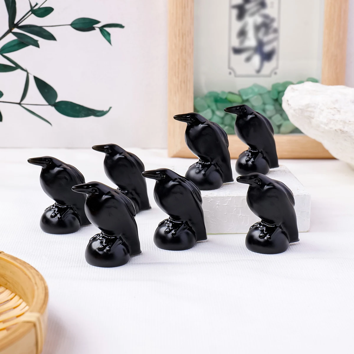 1PC Natural Crystal Obsidian Raven Statue Faux Raven Decorative Carving Pieces Halloween Home Decor Crafts