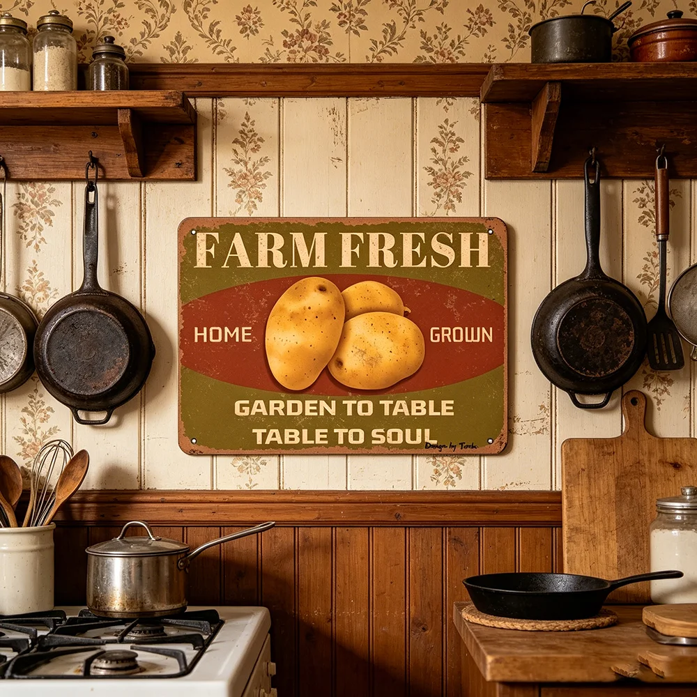 Vintage  Wall Art Sign - Farm Fresh Garden to Table to Soul Rustic Decor with Potato Illustration, Retro Sign for Home Kitchen