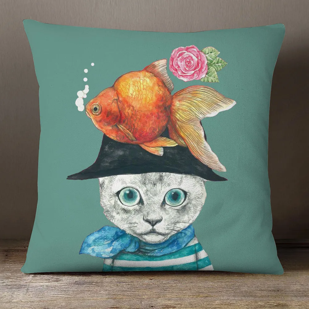 Cat Fashion Show Decorative Pillows For Sofa Cartoon Animals Mouse Fish Flower Cushion Covers Pillowcase 45X45cm