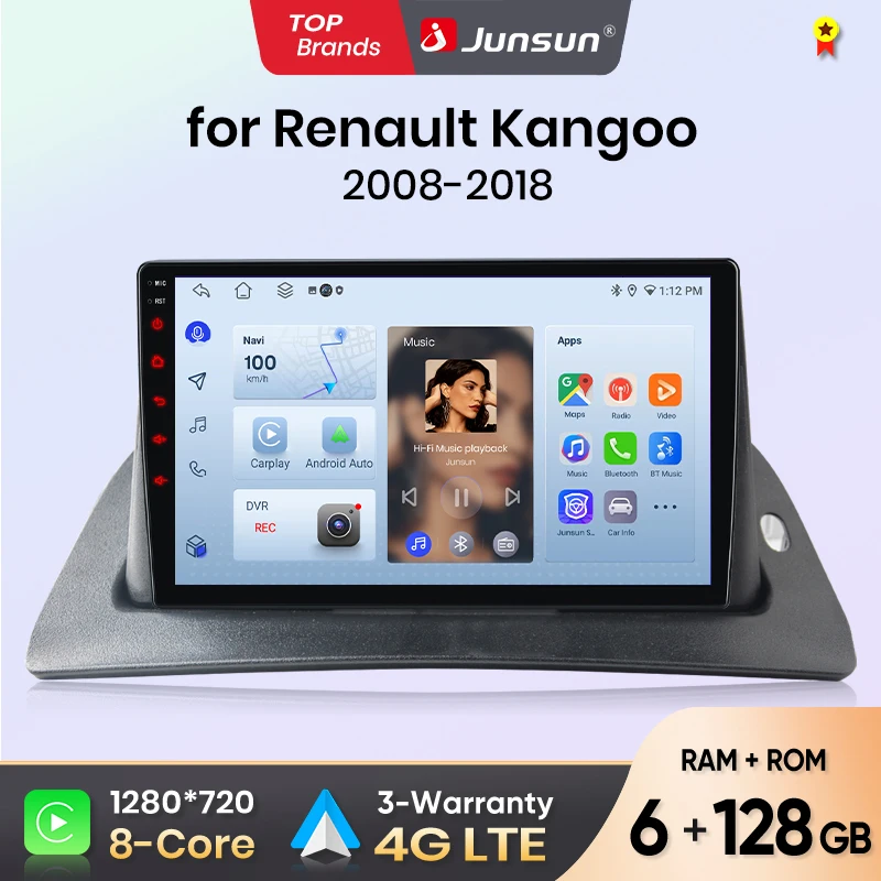 Autoradio Junsun pour Renault Kangoo 2008 2009 2010 2011-2018 CarPlay Android Auto FM RDS DSP BT GPS Navi SWC Écran tactile HD IPS Plug & Play Lecteur multimédia Appel mains libres Style voiture d'origine Unité centrale