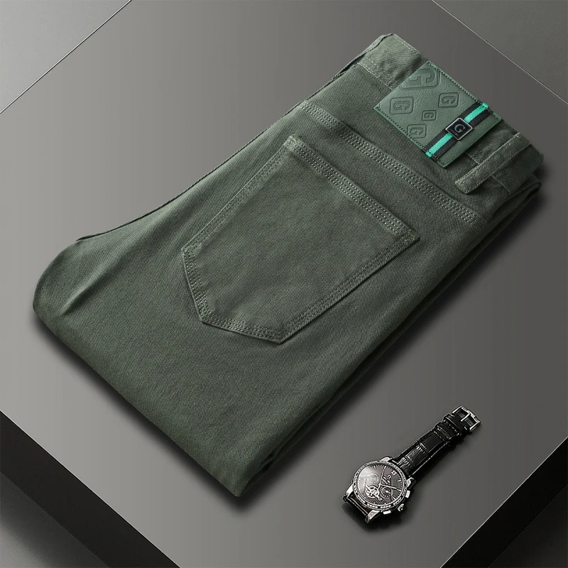 

2026 Fall Winter Men's Dark Green Denim Jeans Slim Fit Straight Leg Casual Minimalist Fashion Pants