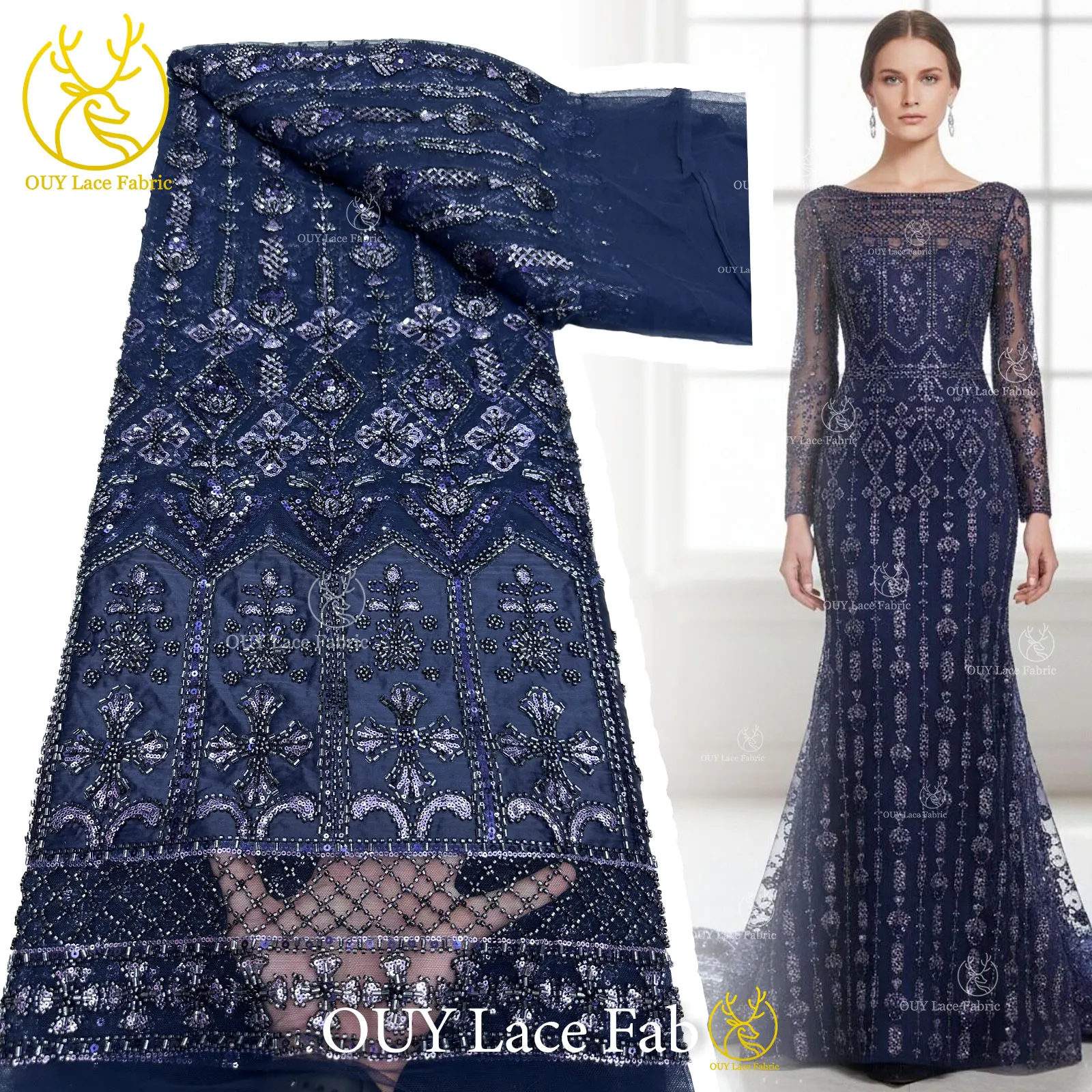 Luxury French Sequin Lace Fabric 2026 High-Quality African Beaded Lace Fabric Nigerian Stitched Fabric for Party Dresses 5 Yards