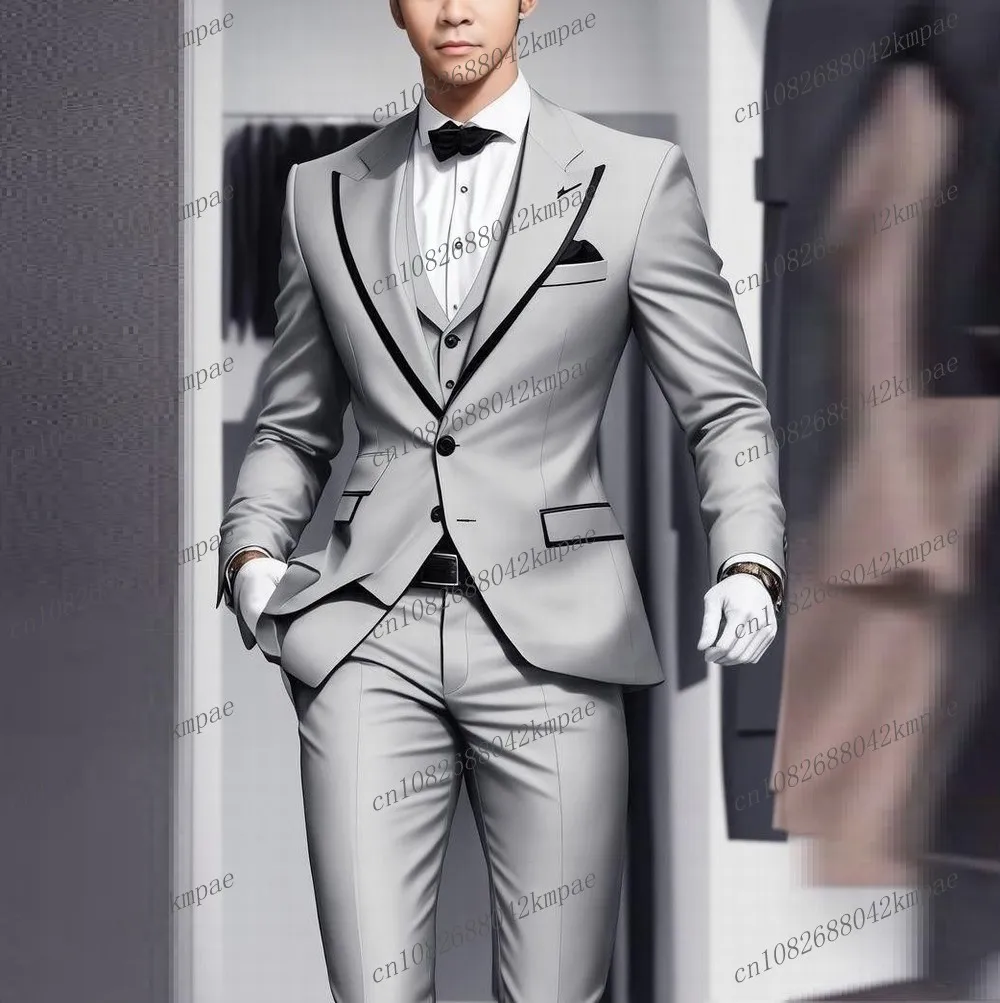 

New Silver And Black Business Formal Men Suit Groom Groomsman Wedding Party Prom Male Tuxedos 3 Piece Set Blazer Vest Pants