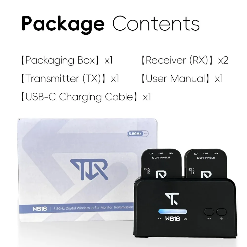 LIVTRA WS16 5.8GHz Wireless IEM System 1T2R Transmitter Receiver Rechargeable Ear Monitor for Music Performance Recording view 5