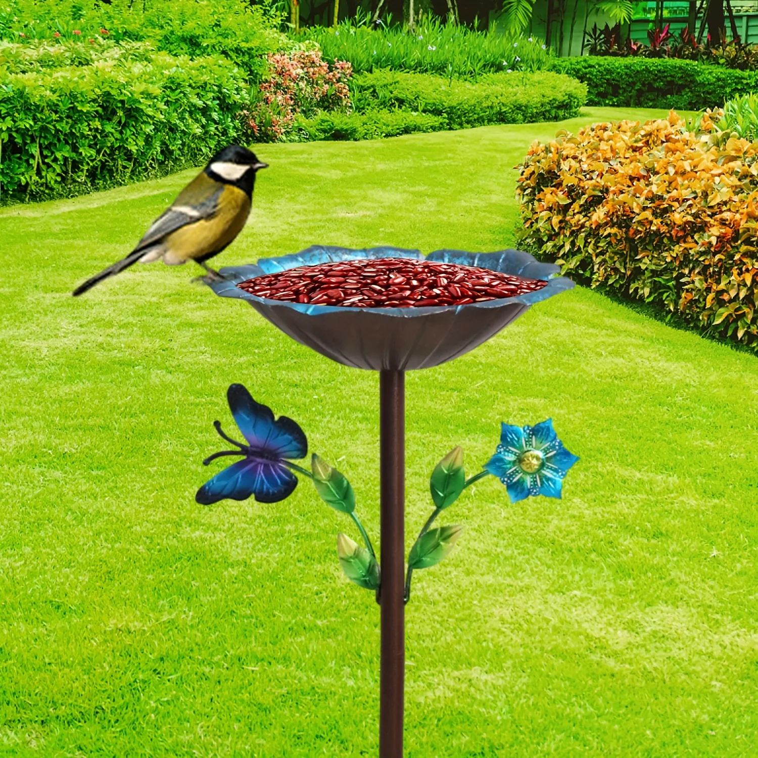 

1 Piece of Flower-Shaped Butterfly Bird Bath, Designed with Butterfly and Floral Relief, Made from High-Quality Cast Copper, Treated with a Handmade Patina Process to Prevent Rust and Ensure Durability; Creates a Natural Water Feature to Attract Birds, Su