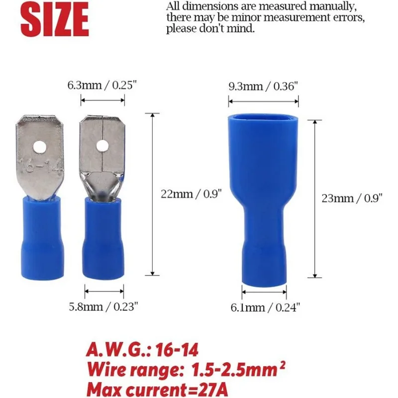 200 Stück 6,3 mm Gauge, vollständig isolierte männliche/weibliche Spaten-Schnellverbinderklemmen – das perfekte Draht-Crimp-Stecker-Set! – Detail 3