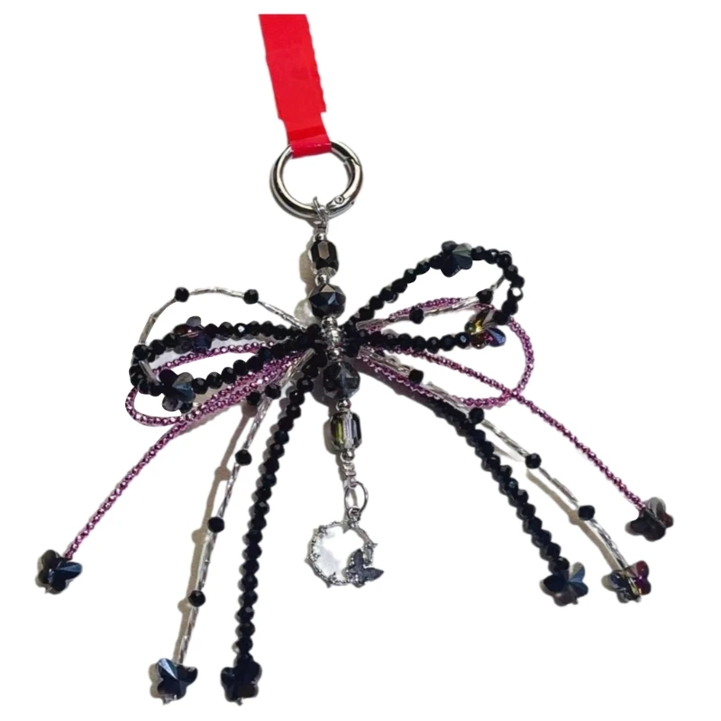 YQ Sparkling Black Crystal Bowknot Charm Elegant Crystal Beaded Keychain Delicate Bowknot Pendant for Fashion Enthusiasts