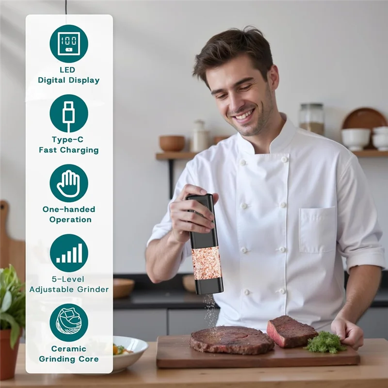 A05G-Set Penggiling Garam dan Merica Elektrik dengan Layar Digital, Penggiling Otomatis dengan Tingkat Kehalusan yang Dapat Disesuaikan