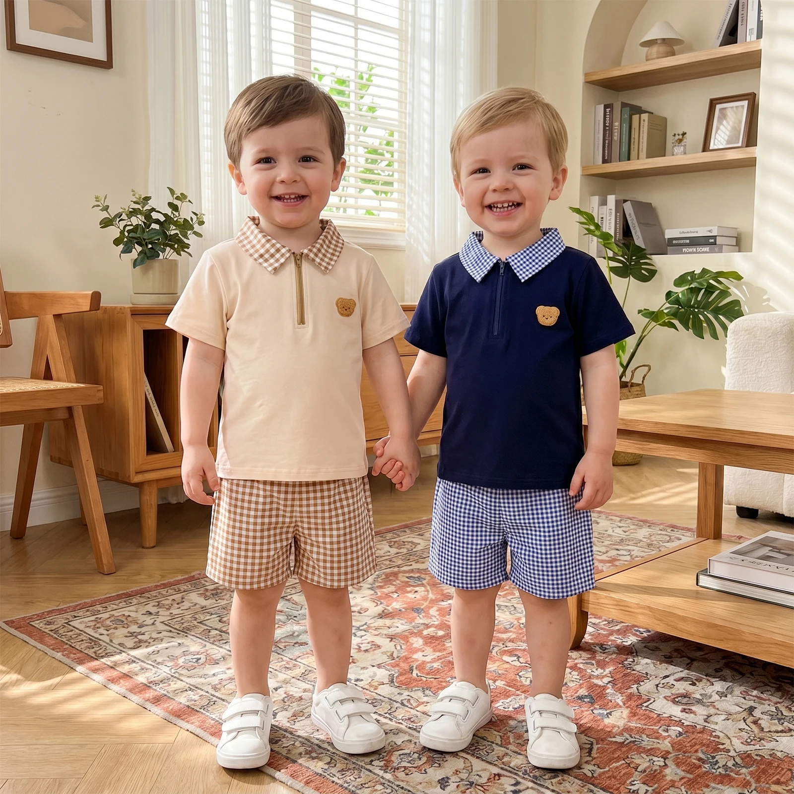 2Pcs Toddler Boy Summer Outfits Short Sleeve Lapel Neck Bear Embroidery Tops and Elastic Waist Plaid Print Shorts Set