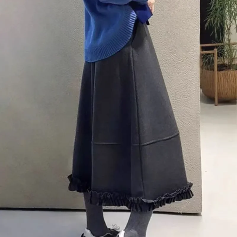 تنورة صوفية بلون واحد تناسب الجميع للنساء لخريف وشتاء جديد عالي الخصر فضفاض مناسب للتخسيس على شكل حرف a تنورة متأرجحة كبيرة #2