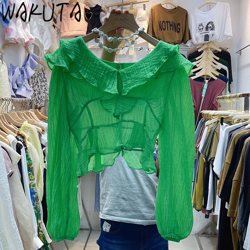 WAKUTA 2024 Autumn Sweet Crop Tops Two Side Wear Back Buttons Green Yellow White Long Sleeve Ruffles Women Blouses Shirts Casual