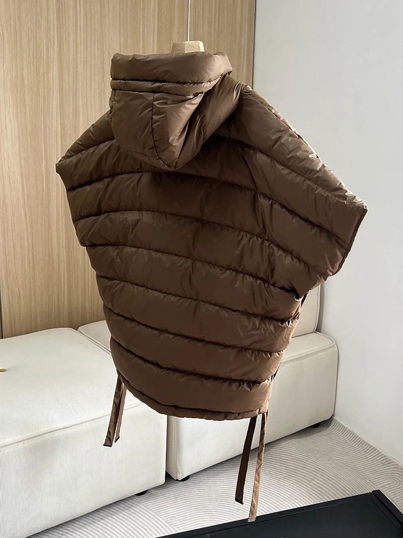 Schinteon Women 90% White Duck Down Irregular Vest with Hood Sleeveless Jacket Solid Fashionable Autumn Winter Top 2025 New