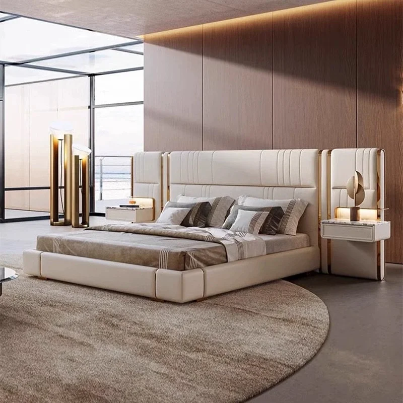 #Modern Luxury Bedroom Furniture Solid Wood Bed Extend Headboard Leather Soft Bed Frame With Nightstand