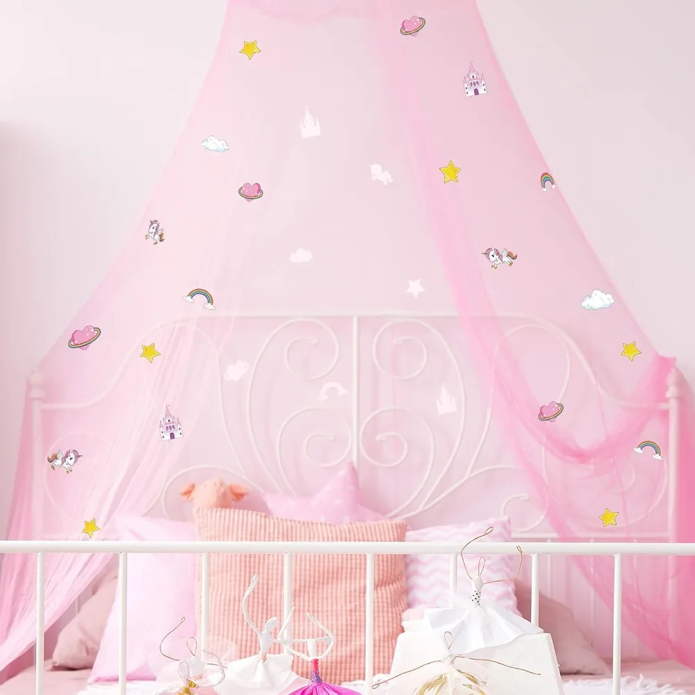 

Звезды светятся в темноте, балдахин для кровати для девочек, декор комнаты с единорогом - розовый балдахин для кровати, москитная сетка, флуоресцентная москитная сетка, повесить