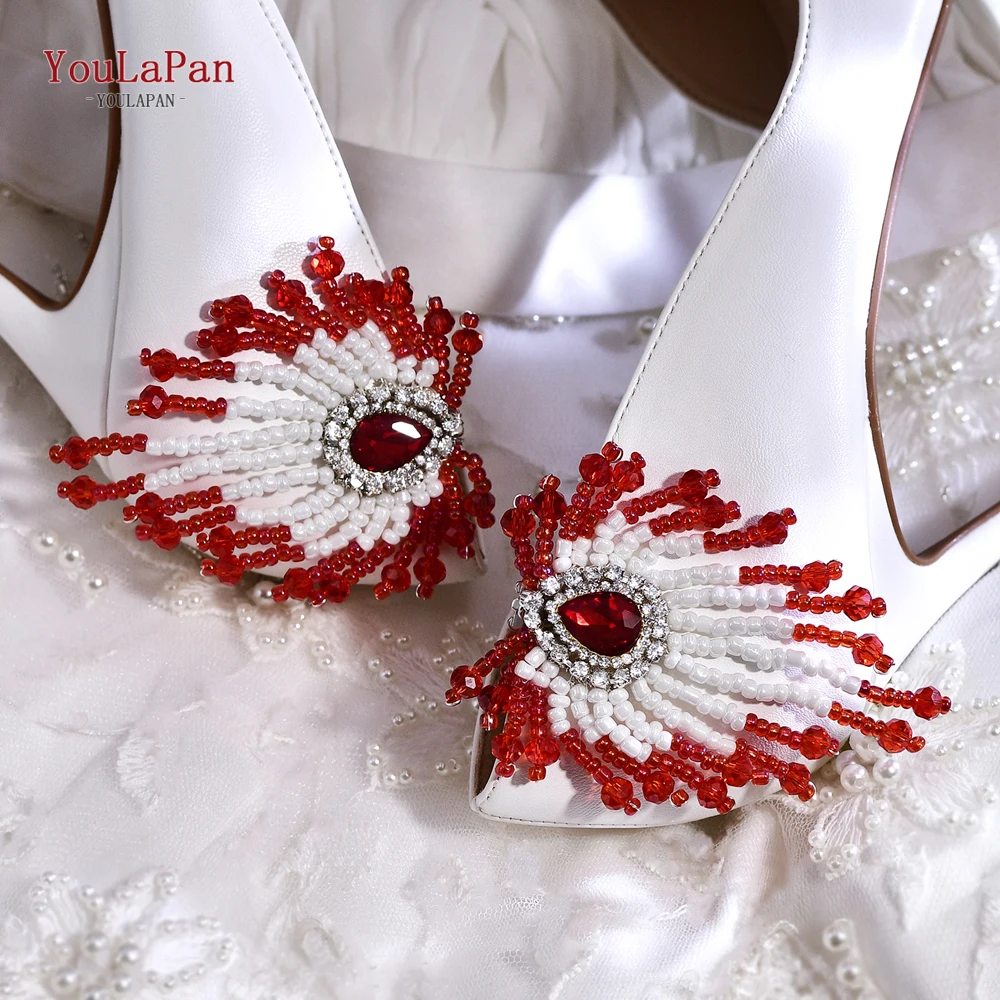 YoulaPan-Handmade frisada borla sapato clipes, strass cor vermelha, casamento charme sapatos fivela, acessório de jóias, HX72