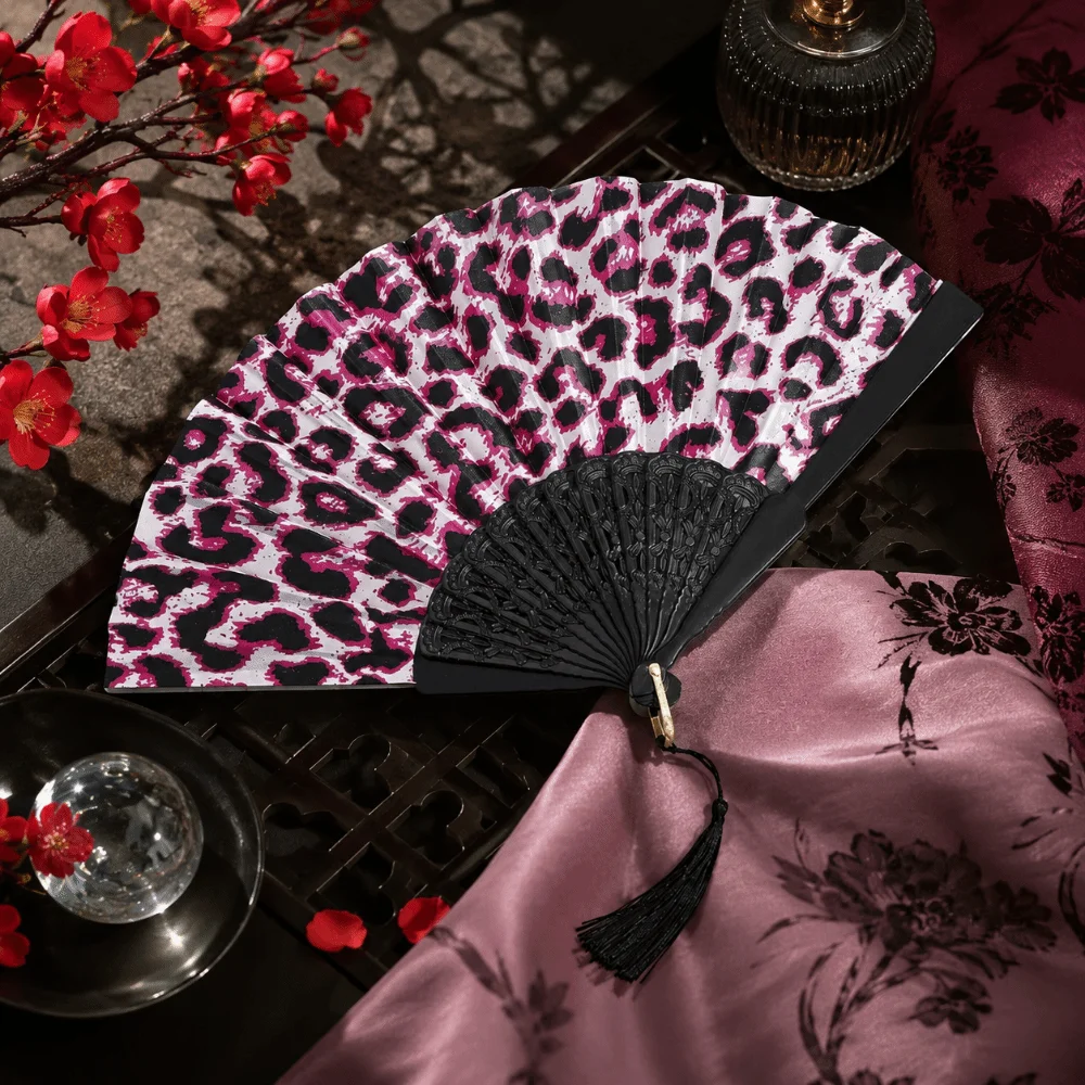 Art Craft Collapsible Folding Fan Tassel Handheld Cloth Fan Decorative Leopard Print Fan Home Decor