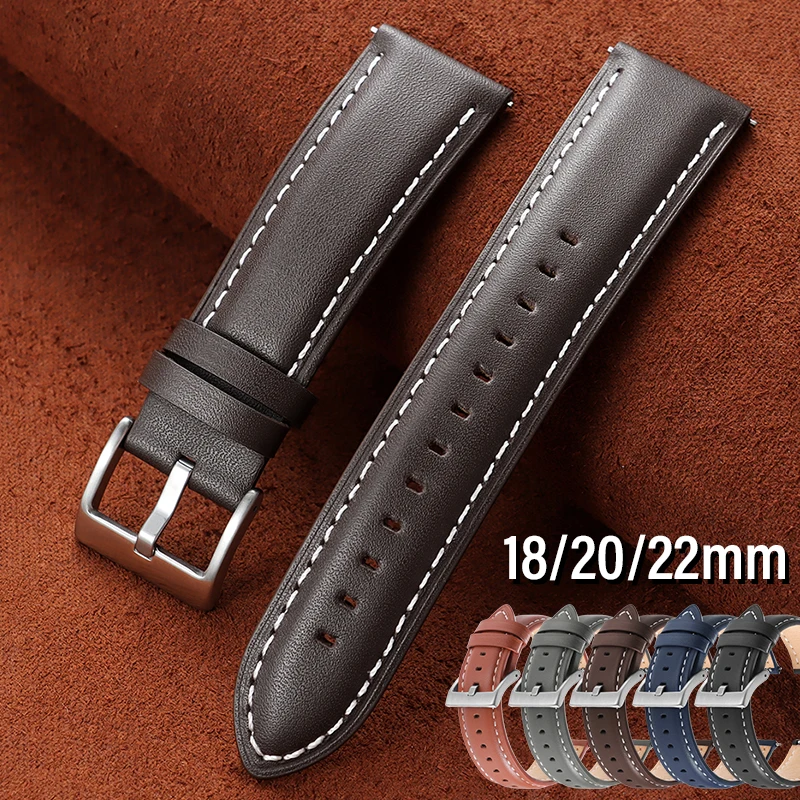 Genuine Leather Watch Band 18/20/22mm Premium Strap Quick Release Replacement Bracelet Stitching Cowhide Comfortable Wristband