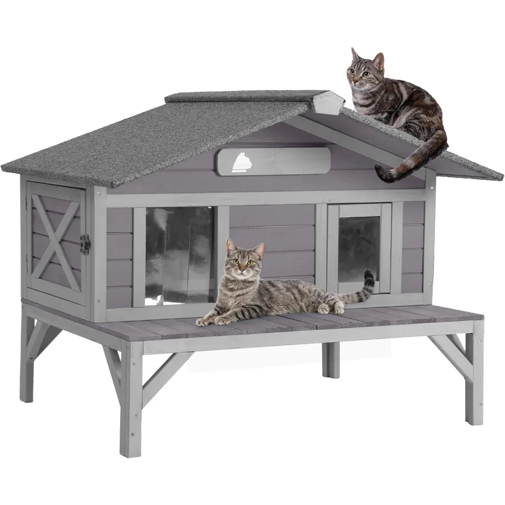 

Outdoor Cat House Weatherproof Wooden Shelter for Winter Feral Kitty Condo with Escape Door