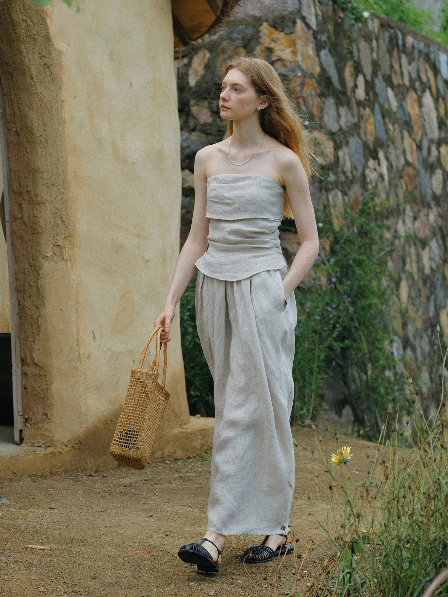 

Ele Clean Sense Linen Set with Strapl Vest And Flower Bud Skirt ort High Waist Faionable Women's Summer Outfit